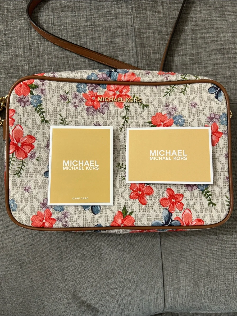 Michael Kors Floral MK Logo Crossbody Bag in White, Coral and Blue